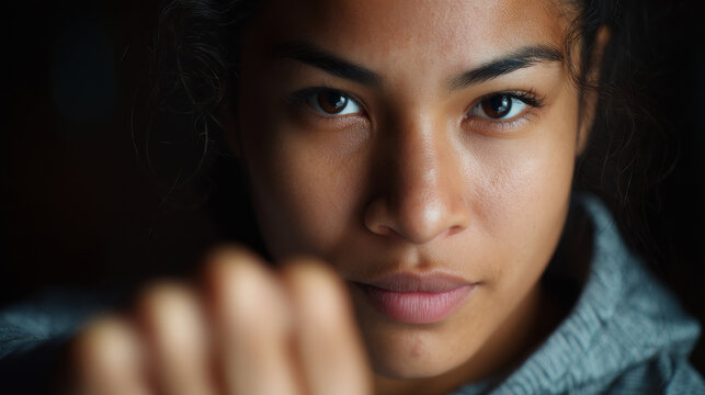 The image captures a woman with a determined and focused expression, exuding strength and confidence. The close-up view emphasizes her intense gaze, showcasing emotions of resilience and purpose.