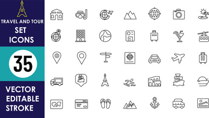 35 editable vector travel icons: hotel, passport, airplane, suitcase, globe, map pin, camera, Eiffel Tower, beach, boat, bus, mountains, train, location