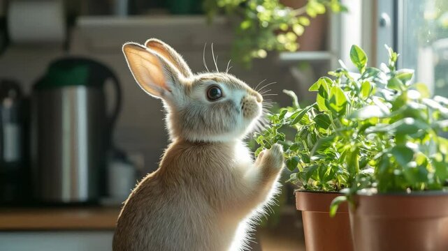 Bunny standing on hind legs near potted plant indoors