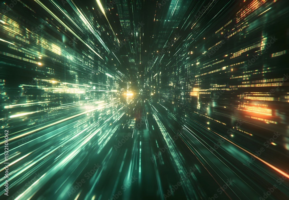 Poster high-tech background with blurry code and digital light streaks, representing the fast-paced world o