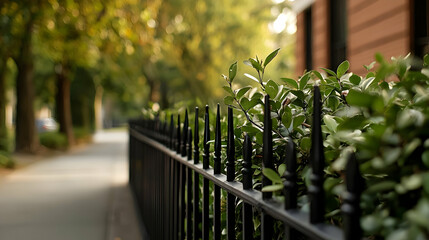 Black Metal Fence With Green Plants Along City Street