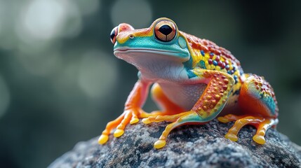Naklejka premium Colorful frog on rock, nature background, wildlife, close-up
