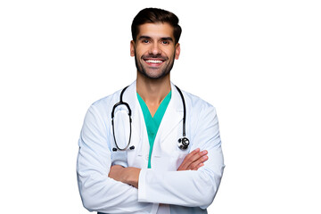 Fototapeta premium Smiling doctor in scrubs, isolated on white background