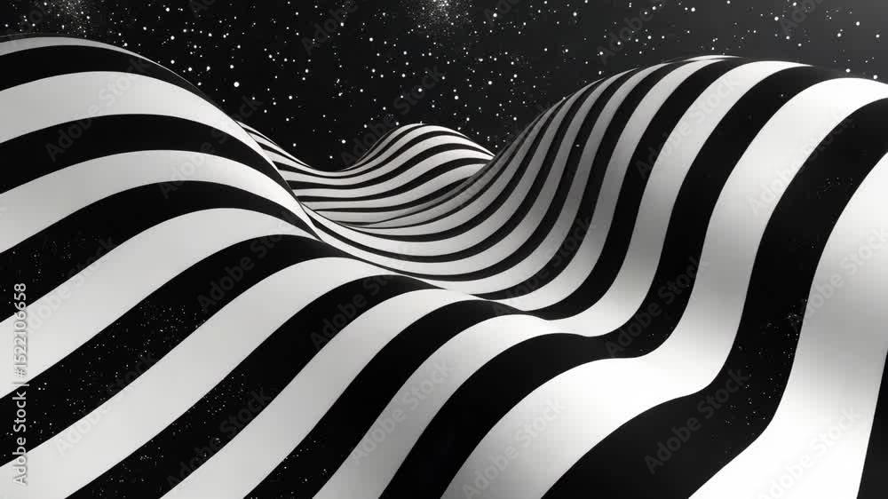 Poster abstract black and white striped waves with starry sky in outer space setting