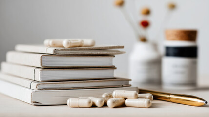 A stack of microdosing journals, pen, and minimalist packaging of capsules, future wellness trend