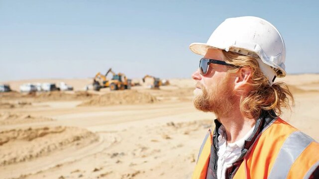 Construction Site Supervisor: A focused construction supervisor, wearing a safety helmet and sunglasses, oversees a large-scale construction project in a desert environment.