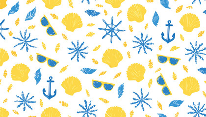Obraz premium Beach summer pattern. Sea seamless bg. Crayon element background. Palm, sun sunglasses, algae, shell, leaf flower, anchor.children, doodle, palm, pastel, print, surf, watercolor, drawn, fish, italy,