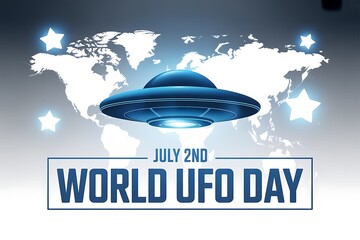 World UFO Day Celebrated Globally with a Blue UFO Hovering over the World Map
