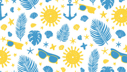 Beach summer pattern. Sea seamless bg. Crayon element background. Palm, sun sunglasses, algae, shell, leaf flower, anchor.children, doodle, palm, pastel, print, surf, watercolor, drawn, fish, italy,