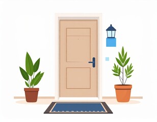 Simple Front Door Illustration with Plants