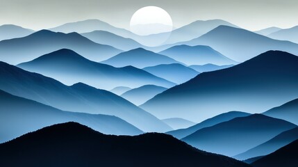 Serene blue mountain ranges appearing beneath a bright shining sun