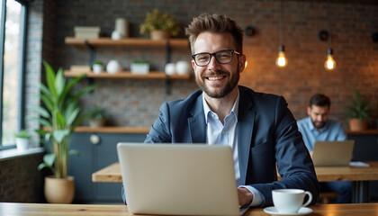 Freelancer man working in a cafe with a laptop and smiling, modern interior design, copy space