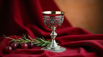 Decorative silver goblet with olive branch on red velvet background, copy space