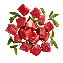 Fresh Raw Beef Cubes for Cooking with Green Herbs Garnish