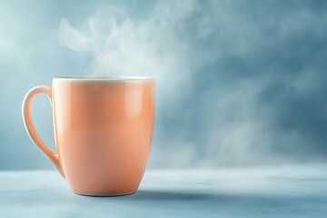 Obraz premium A pastel peach tea mug filled with steamy ginseng tea placed on a muted sky blue background