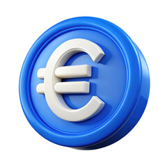 Obraz premium Euro Currency Symbol on Blue Coin 3d icon in cartoon plastic style minimal isolated on transparent white background, clipping path