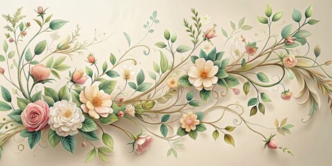 Obraz premium Intricate floral arrangement with twisted vines and blooming flowers in soft pastel hues, set against a neutral background, botanical illustration, floral pattern