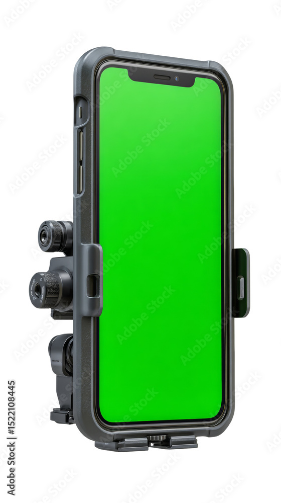 Poster smartphone mock-up with green screen display and rugged protective case