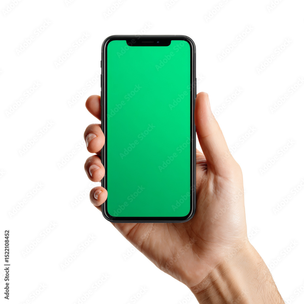 Poster Smartphone with Green Screen Held in Hand Isolated for Product Display