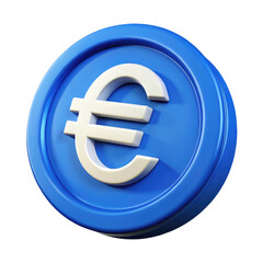 Obraz premium Euro Currency Symbol on Blue Coin 3d icon in cartoon plastic style minimal isolated on transparent white background, clipping path
