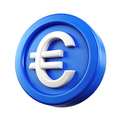 Obraz premium Euro Currency Symbol on Blue Coin 3d icon in cartoon plastic style minimal isolated on transparent white background, clipping path