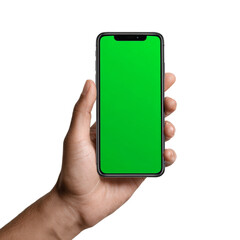 Human hand holding a smartphone with a green screen isolated on white background