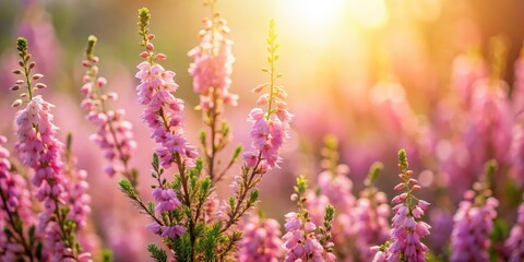 Naklejka premium Soft pink heather flowers in full bloom against a warm sunlit background with a subtle texture effect , natural, outdoors