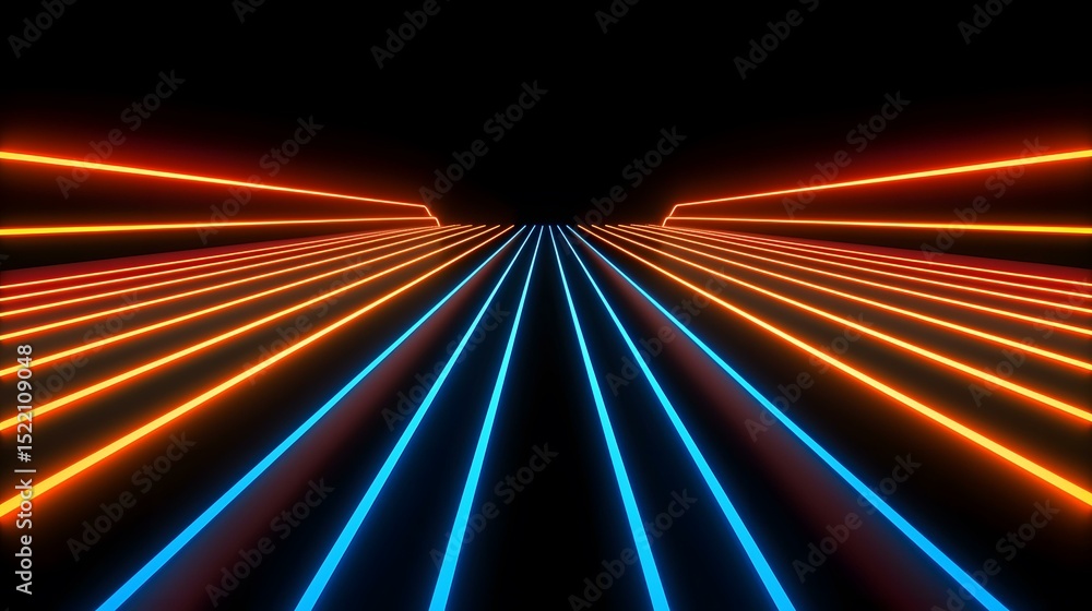 Poster the image contains a dark background with numerous bright orange and blue neon lines converging at a