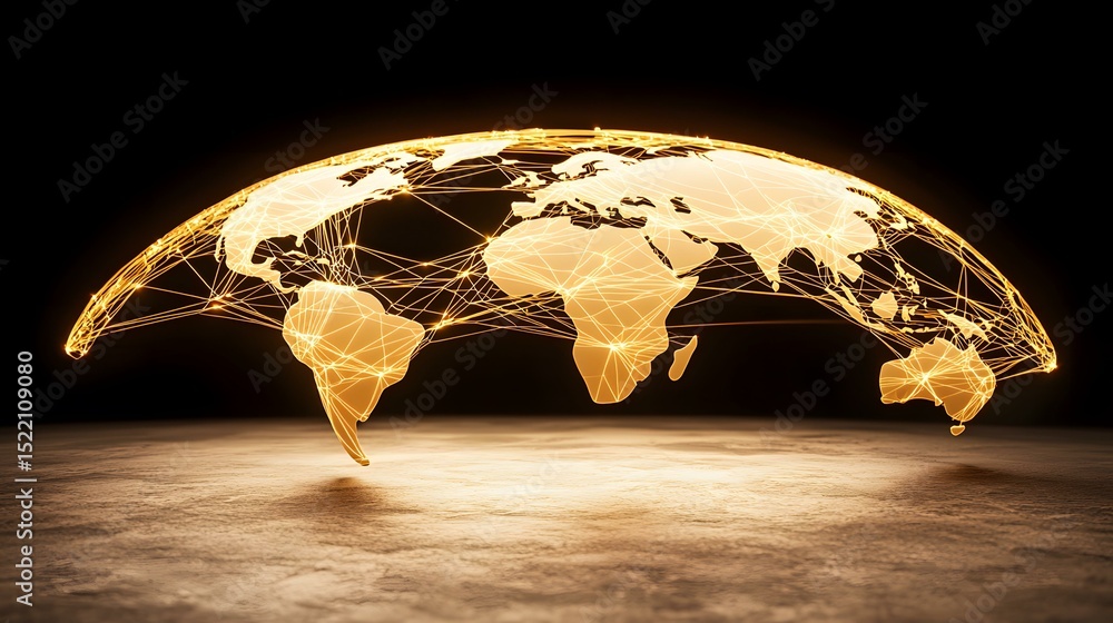 Poster a glowing golden world map is depicted as a 3d model, with connecting lines illustrating global inte