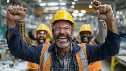 Factory Worker Triumph: A jubilant factory worker, wearing a yellow hard hat and safety glasses, celebrates a success with his colleagues, their smiles radiating teamwork and achievement. - Powered by Adobe