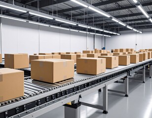 Automated Packing Line with Boxes Moving in Sync Under Industrial Lighting