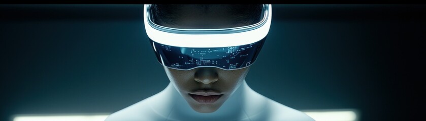 A person wearing futuristic virtual reality device is looking forward