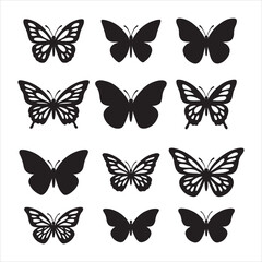 a set of four black silhouette butterfly illustrations in a vertical row. Each butterfly should have a unique wing shape and design, ranging from simple solid silhouettes to more detailed wing pattern