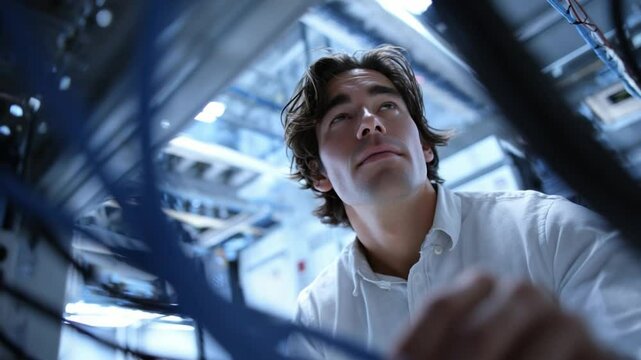 Focused Tech Expert: A dedicated technician meticulously examines intricate wiring, his gaze intense, reflecting the precision and expertise of a master at work. 