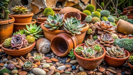 A succulent garden lies amidst broken pottery and stones