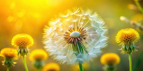 Obraz premium Tiny yellow flower head with delicate seed pods surrounded by intricate details , flower, dandelion, flower, dandelion