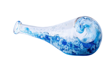 A clear glass flask with blue liquid chemicals etc on white background 