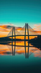 Obraz premium CableStayed Bridge Reflection on Water at Dusk, Featuring Orange Sunset and Teal Sky, Long Exposure Vertical View
