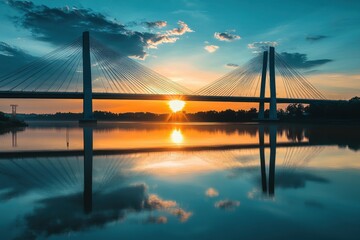 Obraz premium CableStayed Bridge Silhouette at Sunset with Water Reflection Under Teal Sky and Wispy Clouds Landscape View