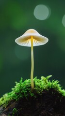 Fototapeta premium Delicate Mushroom on Mossy Log CloseUp of a Small Fungi in a Lush Green Forest
