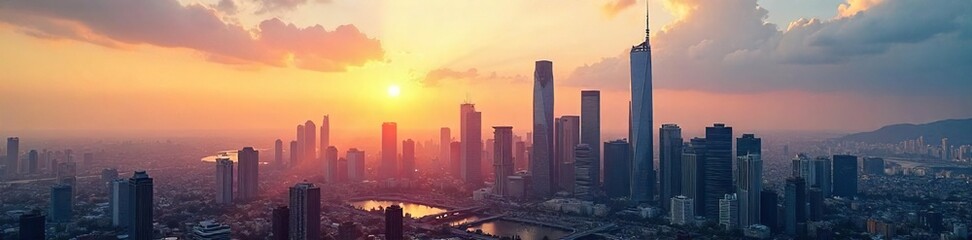 Naklejka premium Modern glass skyscrapers dominate the city skyline, reflecting the sun's rays A stunning display of architectural prowess and urban development , growth, towers, progress