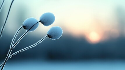 Frozen plant with snow covered buds in a soft blurred setting