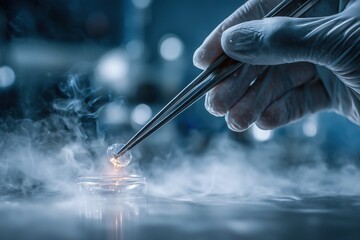 Fototapeta premium Scientist holding an embryo in tweezers over petri dish with cryogenic preservation process in lab