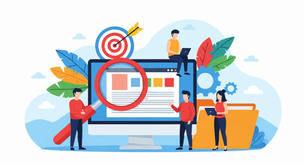 Flat Vector Illustration of Team Document Analysis with Magnifying Glass and Computer Monitor