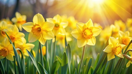 Sunny yellow daffodils swaying gently in the garden breeze, outdoor, nature,  outdoor