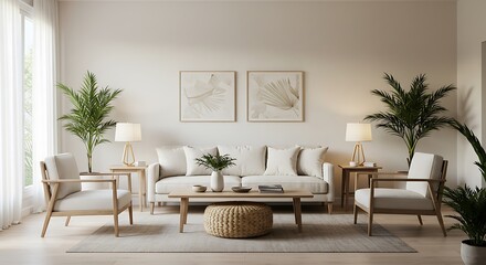 Fototapeta premium Serene Minimalist Living Room Design: Light, Airy, and Tranquil Space