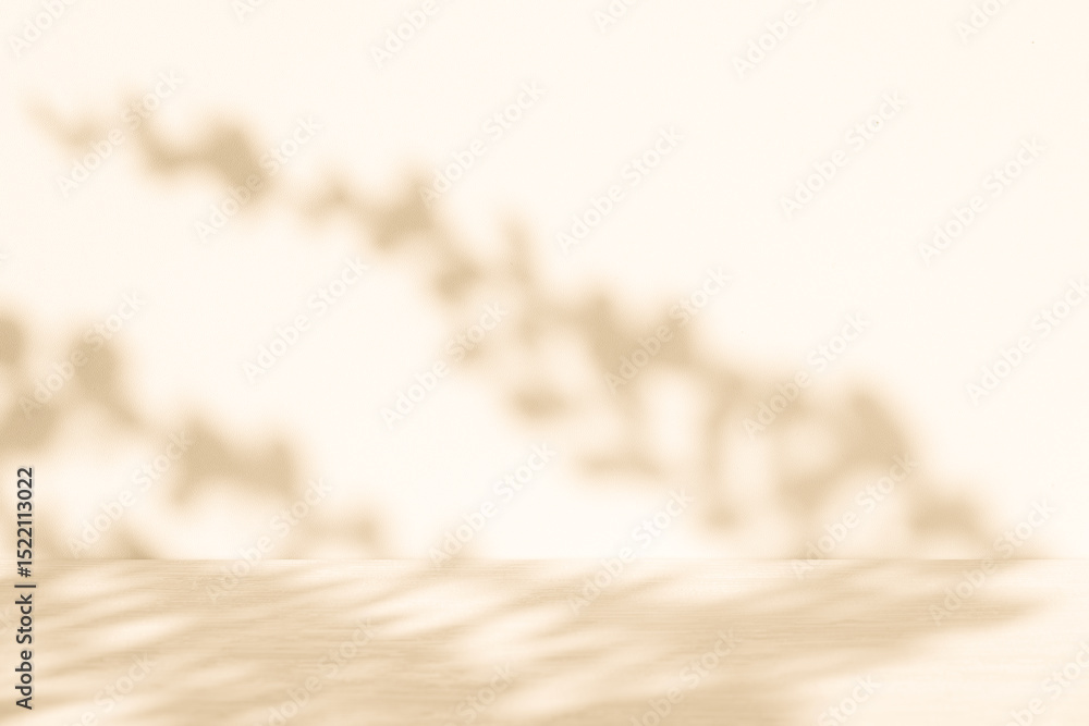 Poster Wall interior background, studio and backdrops show products. with leaf shadow from window color beige and white. background for text insertion and presentation of product	