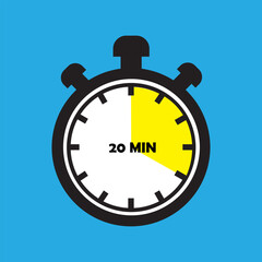 20 Minutes Timer Icon, Modern Flat Design. Clock, Stopwatch, Chronometer Showing Twenty Minutes Label. Cooking time, Countdown Indication.