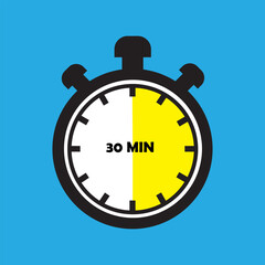 30 Minutes Timer Icon, Modern Flat Design. Clock, Stopwatch, Chronometer Showing Thirty Minutes Label. Cooking time, Countdown Indication.