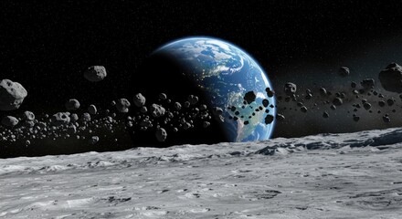 Earth from the Moon, Asteroid Field.  Vast expanse of the lunar surface, with the Earth prominent in the background, surrounded by asteroids